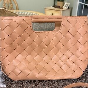 Tan Woven Faux Leather Clutch with Attachable strap.
